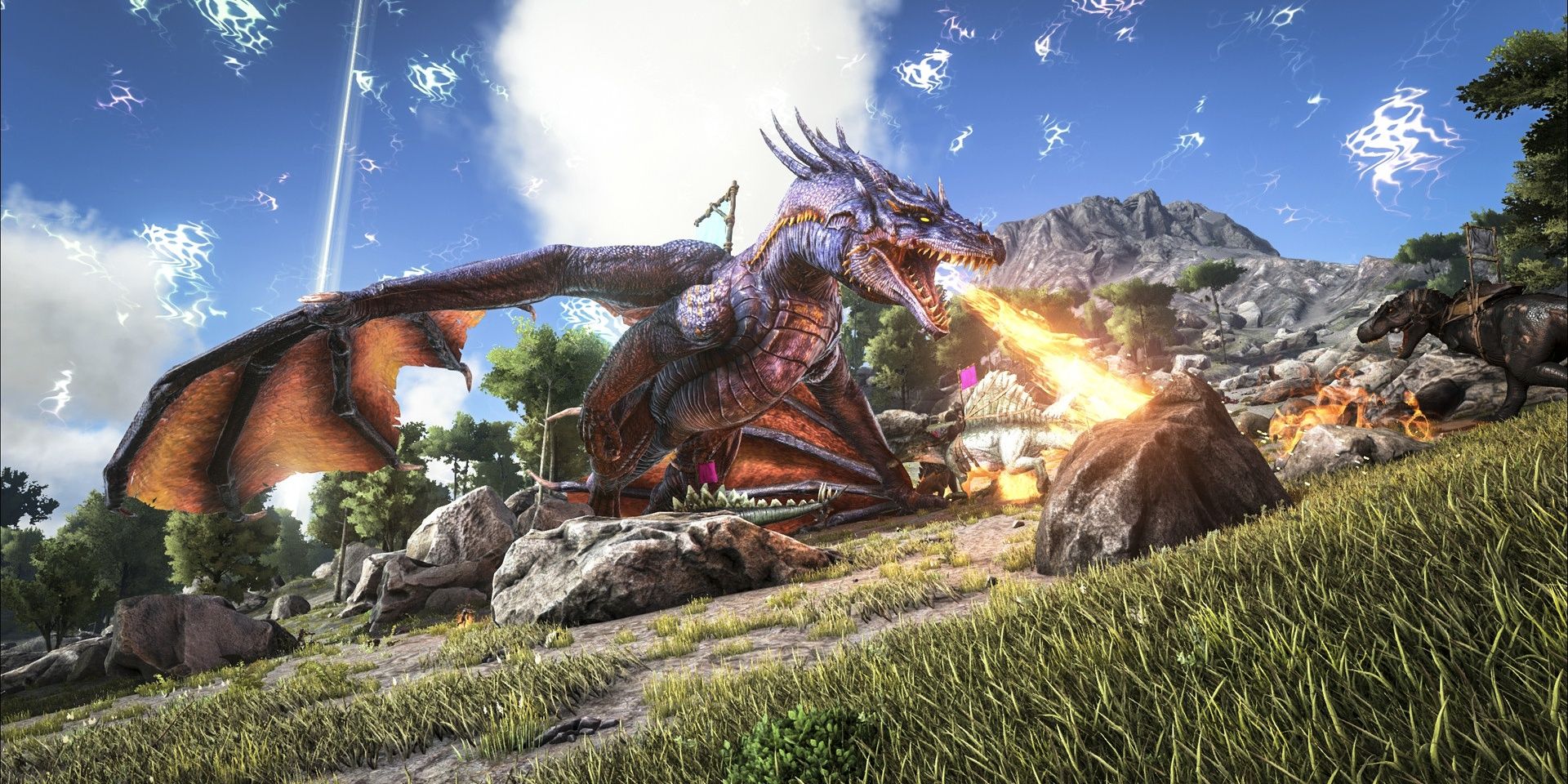 A dragon breathes fire during a raid in the video game Ark Survival Evolved