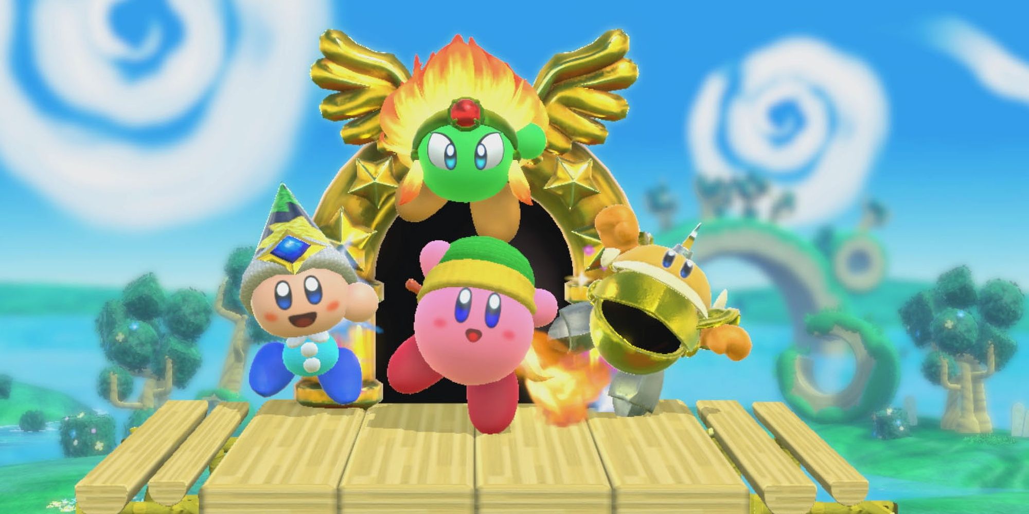 Kirby Star Allies: Kirby and friends finishing a celebratory dance.