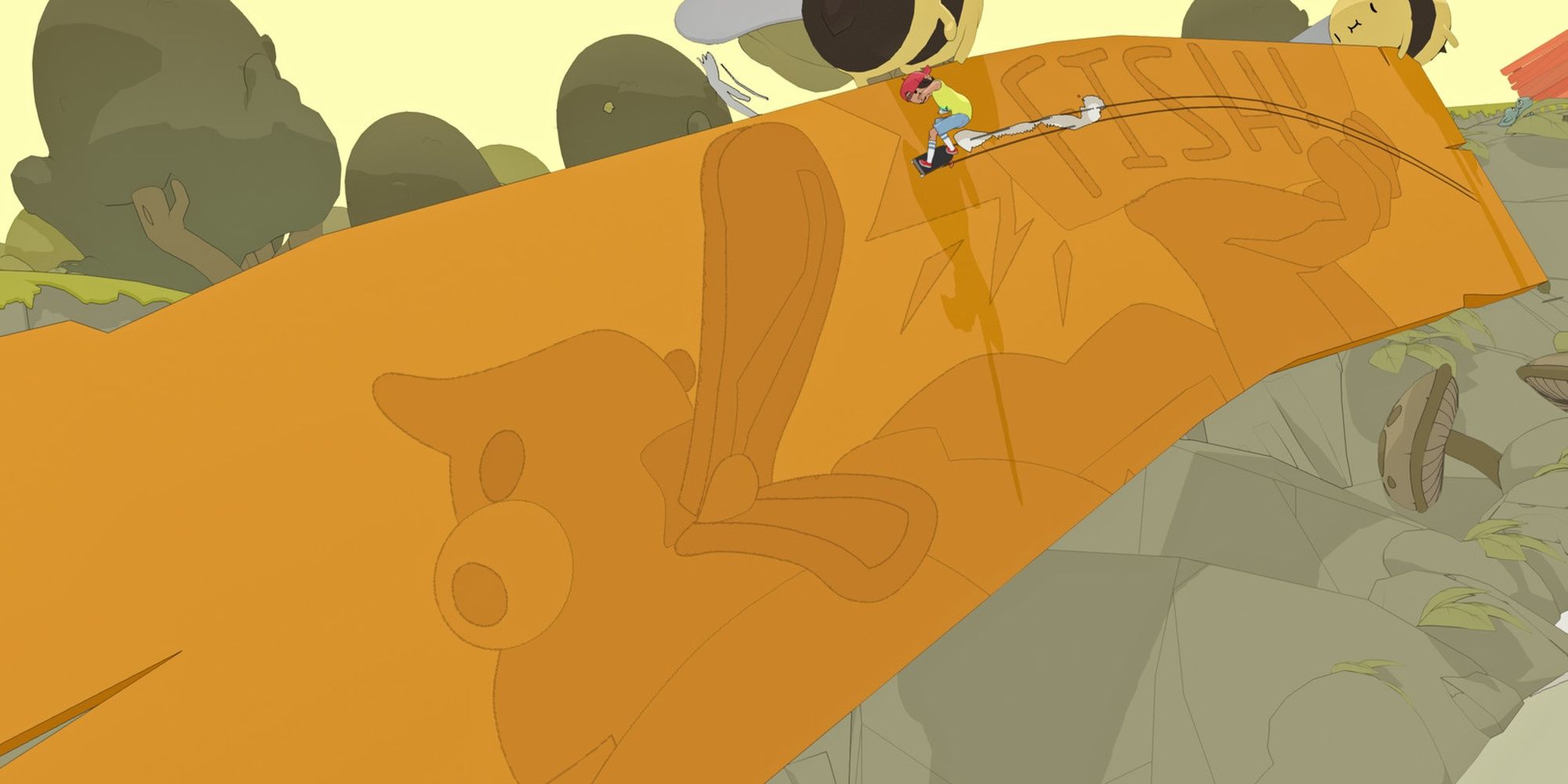 OlliOlli World: Skating across a slope with a duck drawn on it.