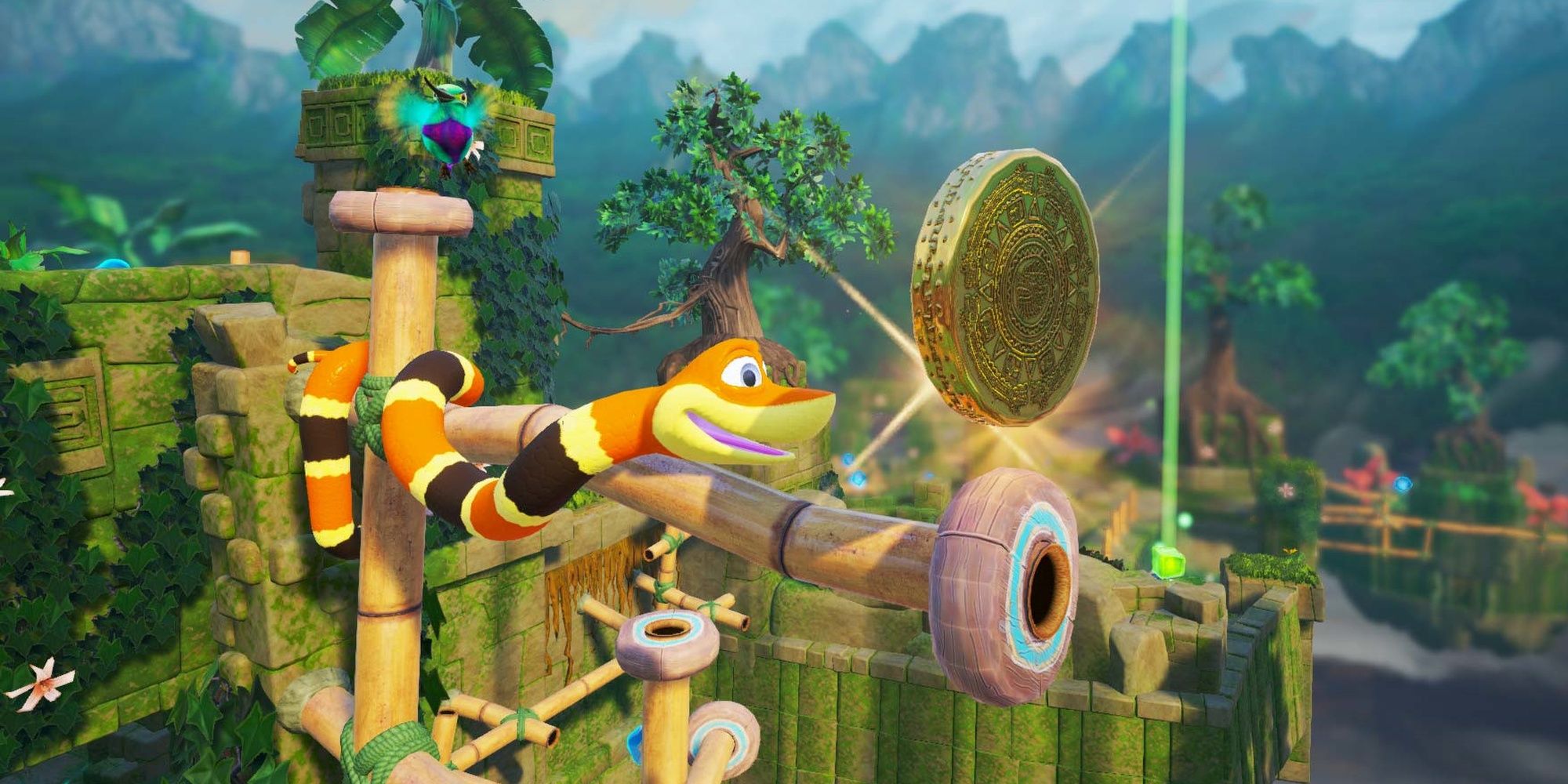 Snake Pass: The snake wrapping itself around poles to reach treasure.