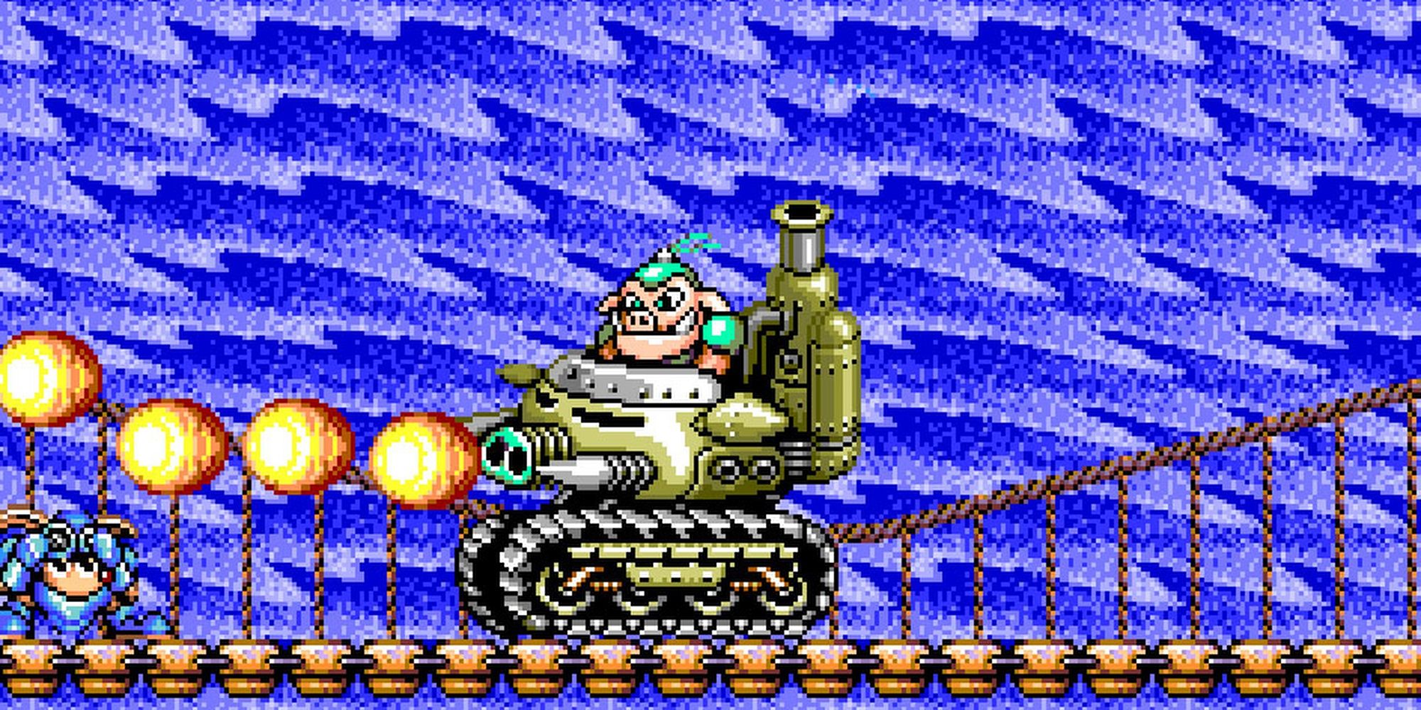 Rocket Knight Adventures: Resparked - Sparkster Fighting A Pig Soldier Inside A Pig Tank.