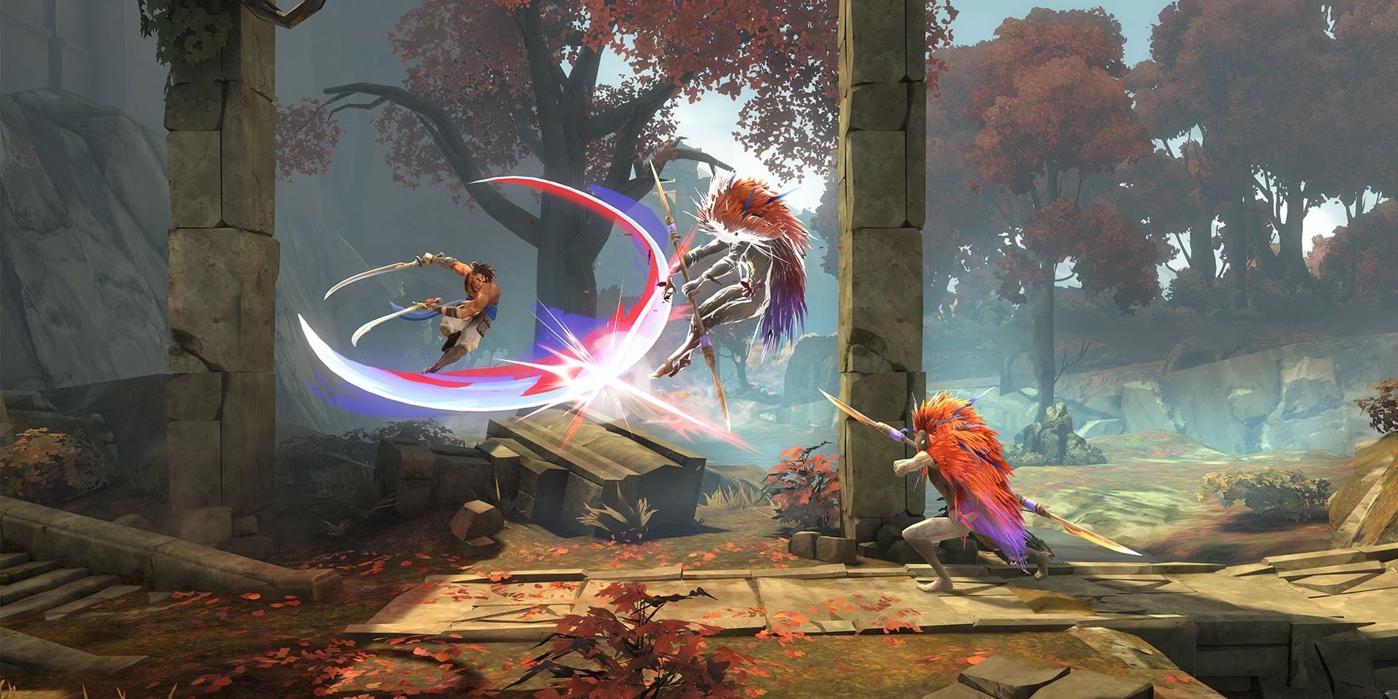 The Prince Slashing Apart A Barbarian In The Air With His Dual Swords in the Prince Of Persia: The Lost Crown .