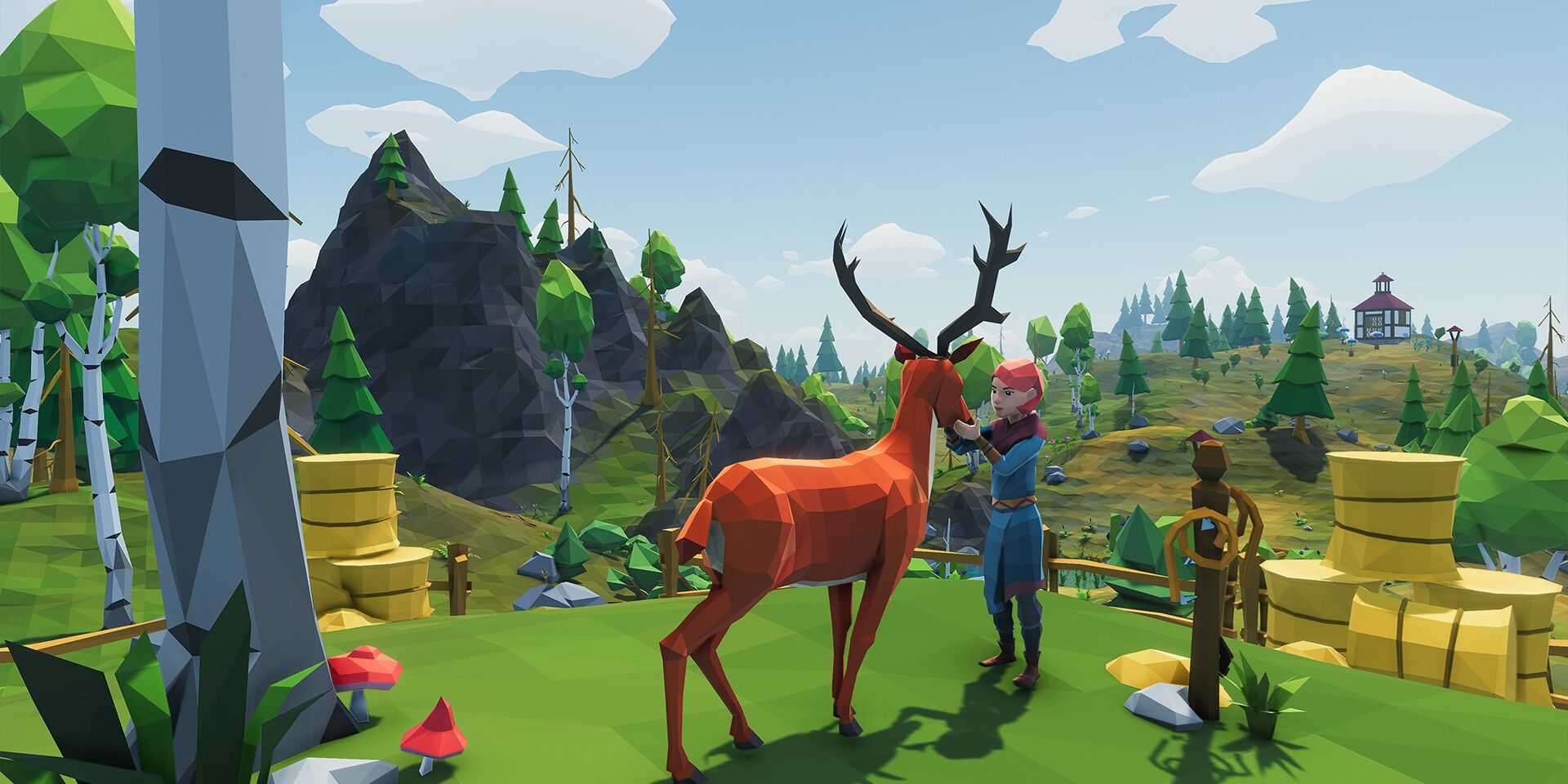 Ylands: An adventurer petting a tame deer on a player created farm.