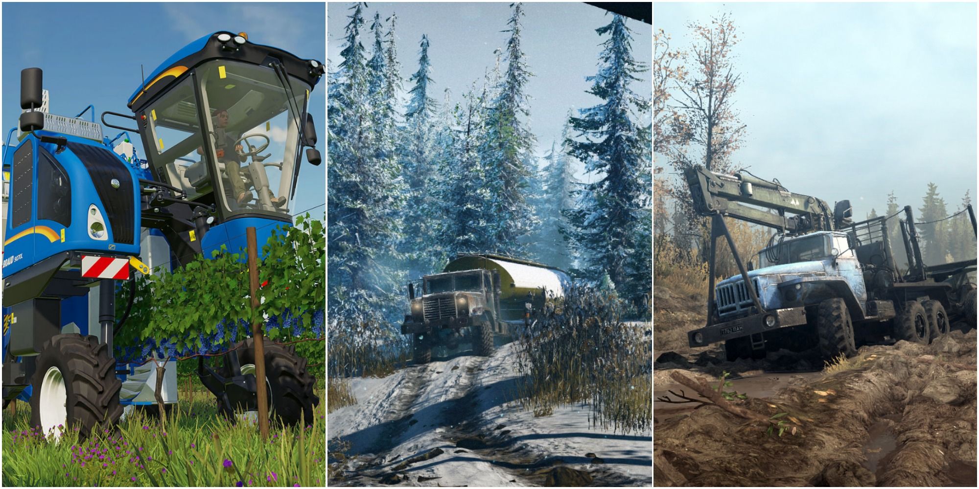 farming simulator 22 tractor, snowrunner truck on track. mudrunner truck in mud featured