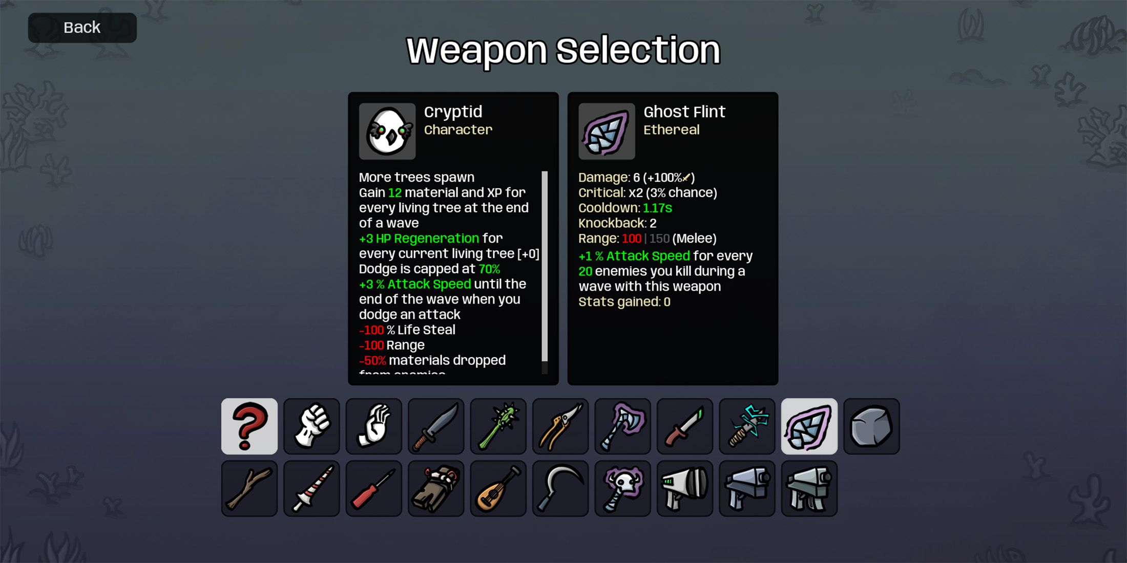 weapon selection for the cryptid