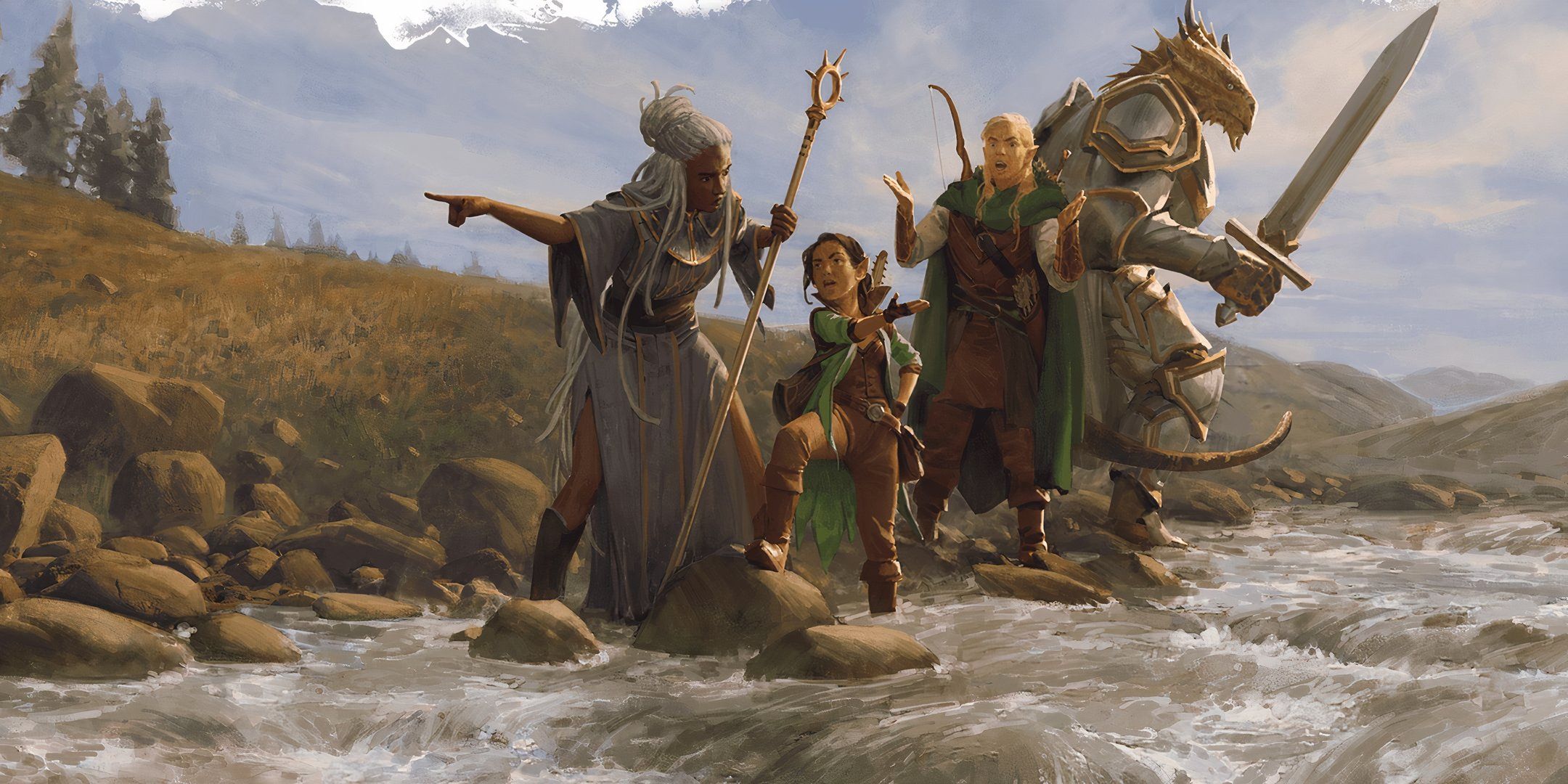 A four person adventuring party with a dragonborn, elf, gnome, and human attempt to cross a river.