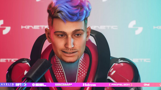 Splitgate 2 release date: a man with purple and blue hair, wearing a deep pink armor set