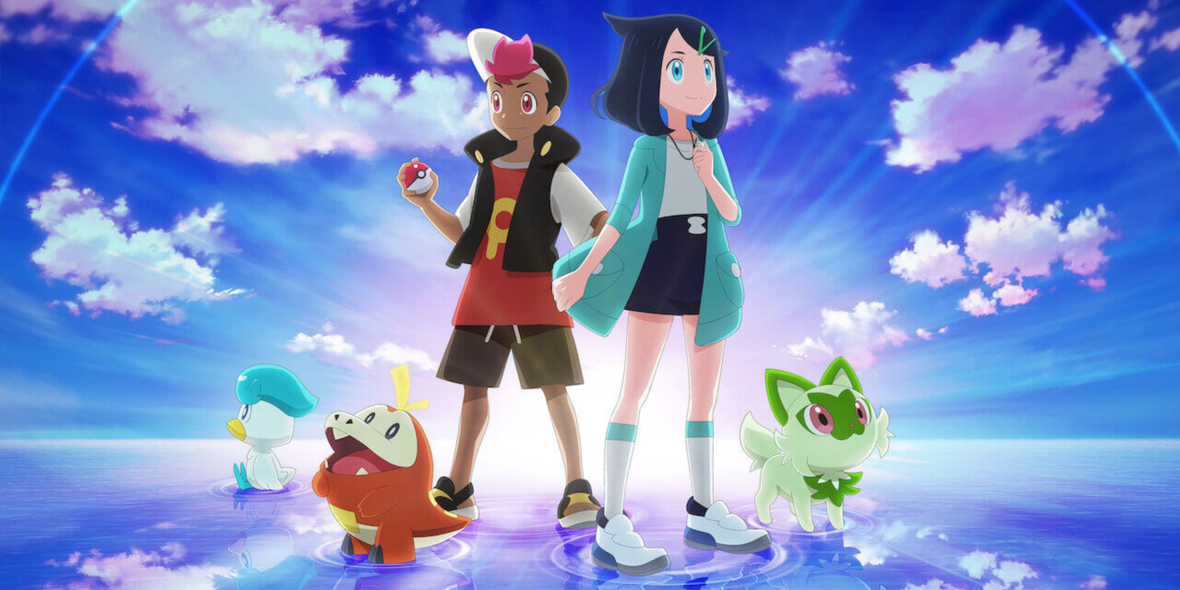 liko and roy with quaxly, fuecoco, and sprigatito in pokemon horizons.