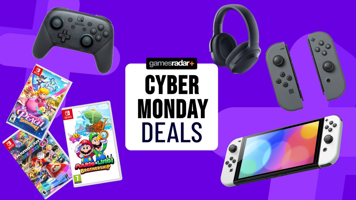 Cyber Monday deals badge with Nintendo Switch console, accessories, and games on a purple background