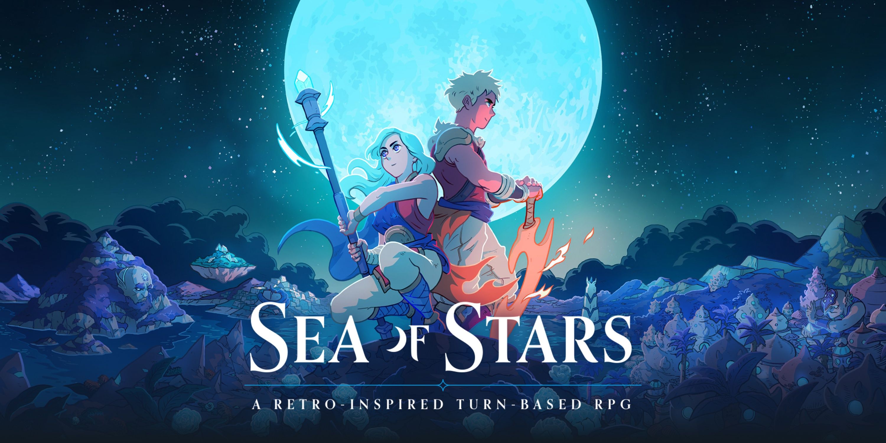 Sea of Stars main characters back to back in front of glowing moon.