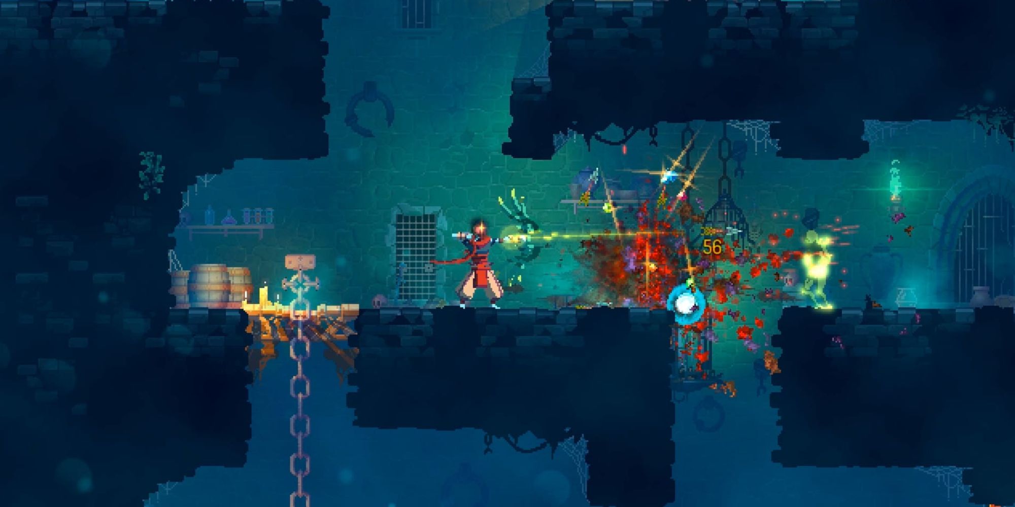 Protagonist shooting an arrow at mobs in Dead Cells.