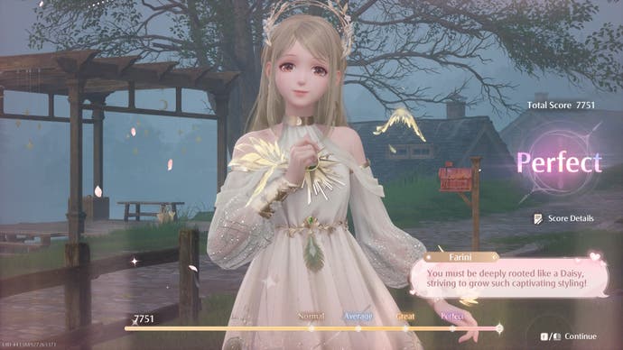 A blonde woman in a white and golden dress gets a perfect point score in Infinity Nikki.