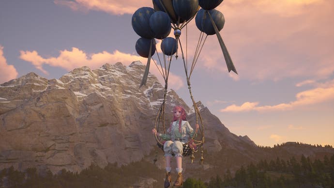 A pink-haired woman floats across a mountainous landscape on a balloon seat in Infinity Nikki.