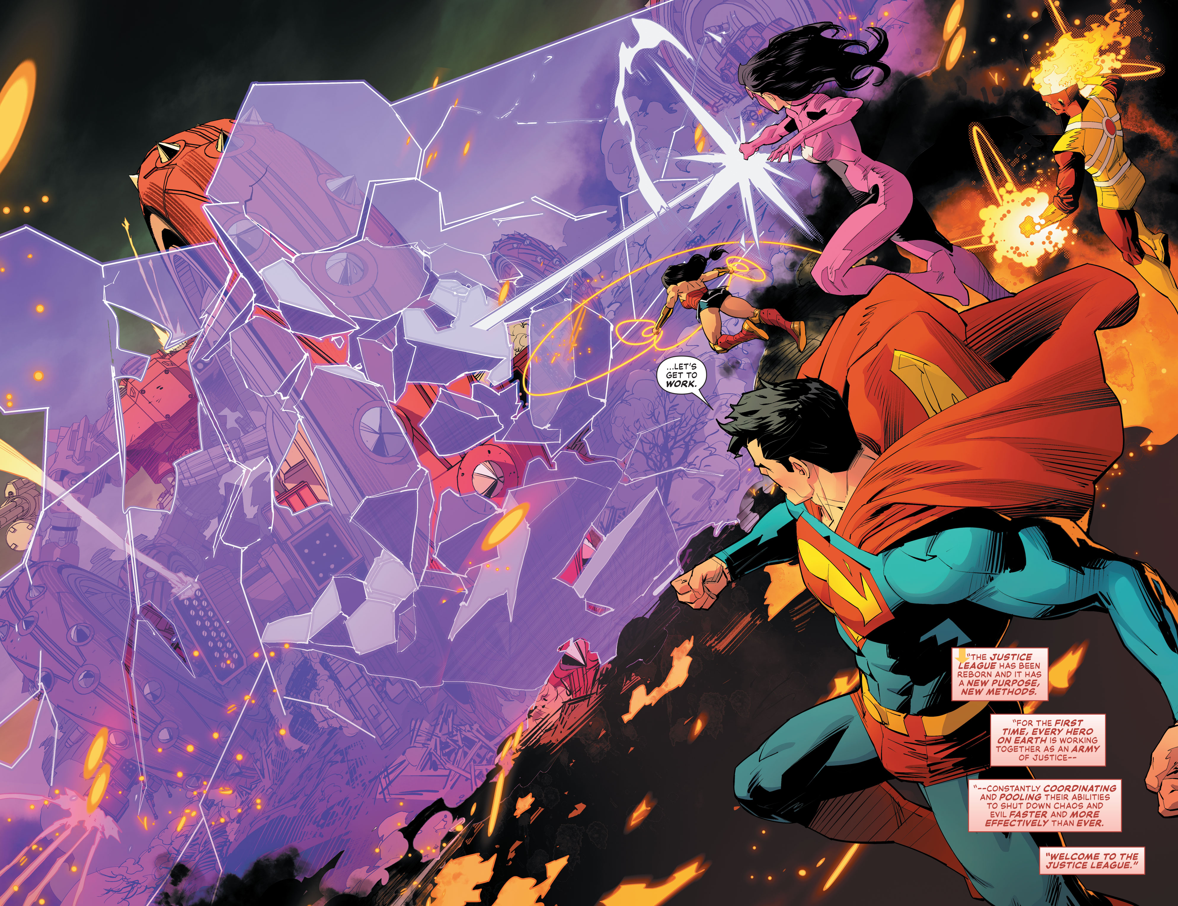 Superman and the other members of the Justice League get to work dismantling Inferno's war machines.