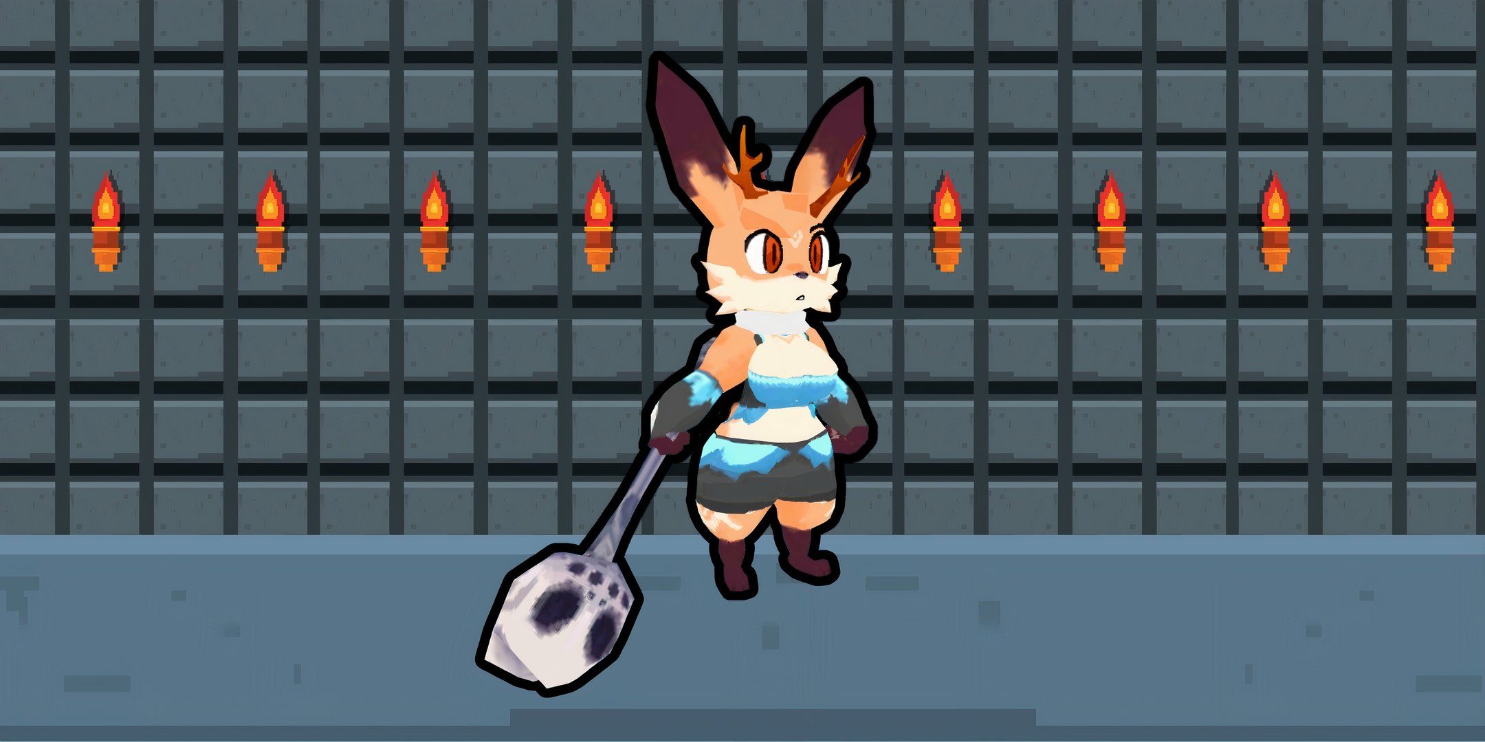 Image of the Marrow Bauble Scepter being held by a fox character in Atlyss. 