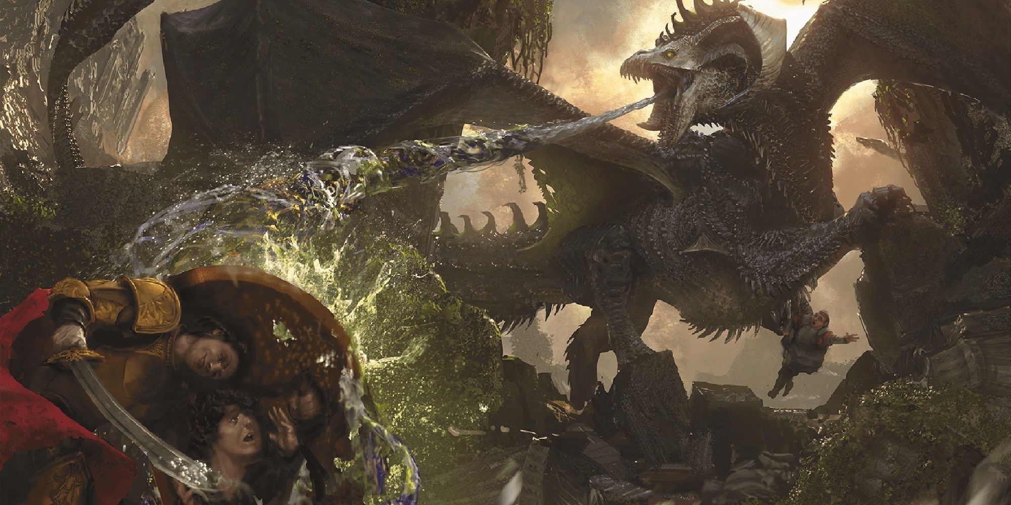 Dungeons & Dragons image showing a fighter blocking the acid breath of a black dragon.