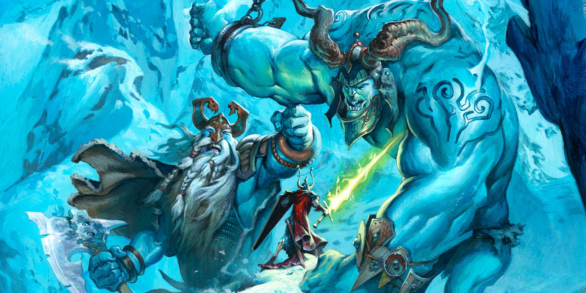 Dungeons and Dragons image showing an adventurer Fighting Two Frost Giants.