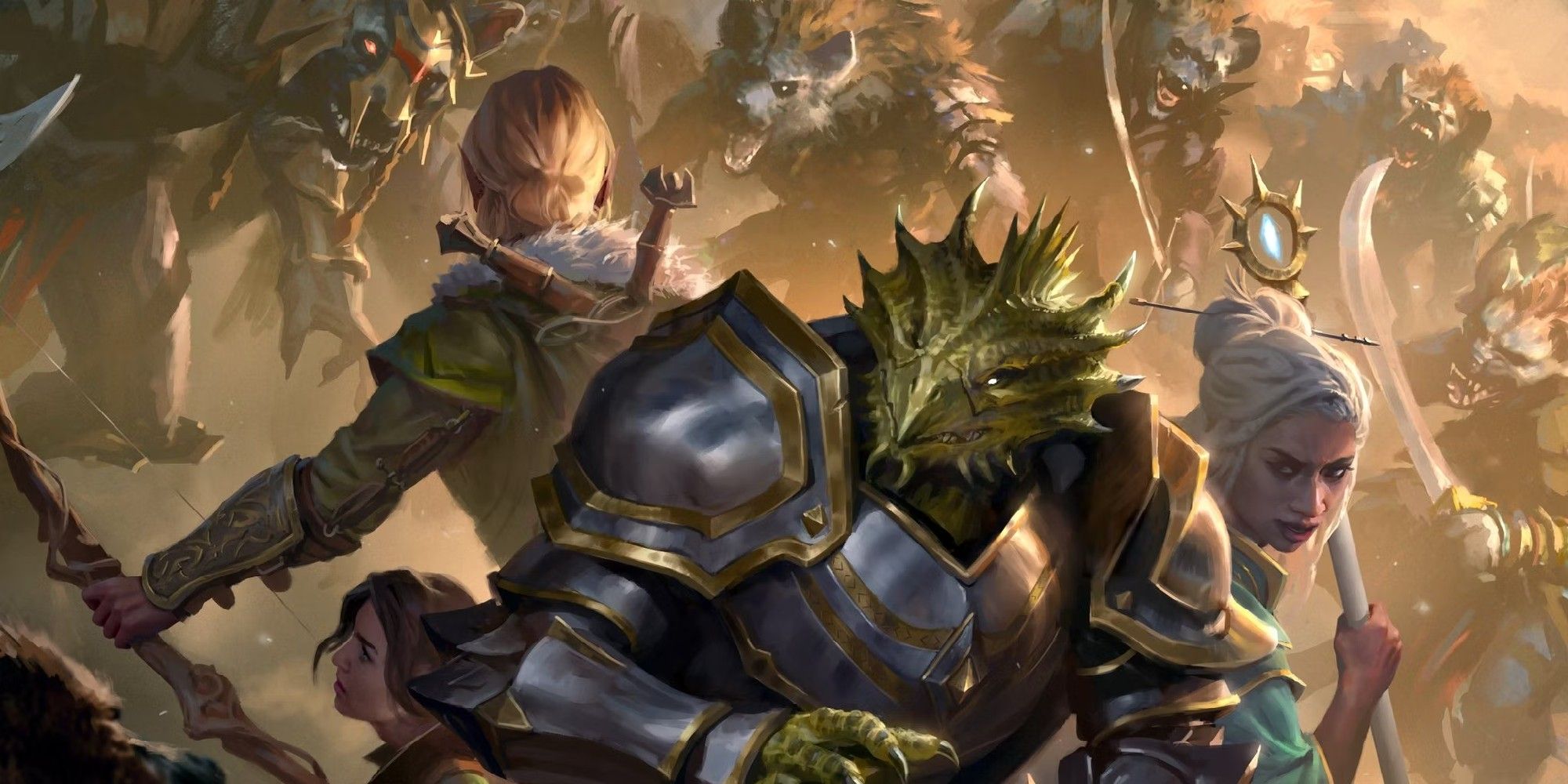 Dungeons & Dragons image showing a party of three players being surrounded by Gnolls.