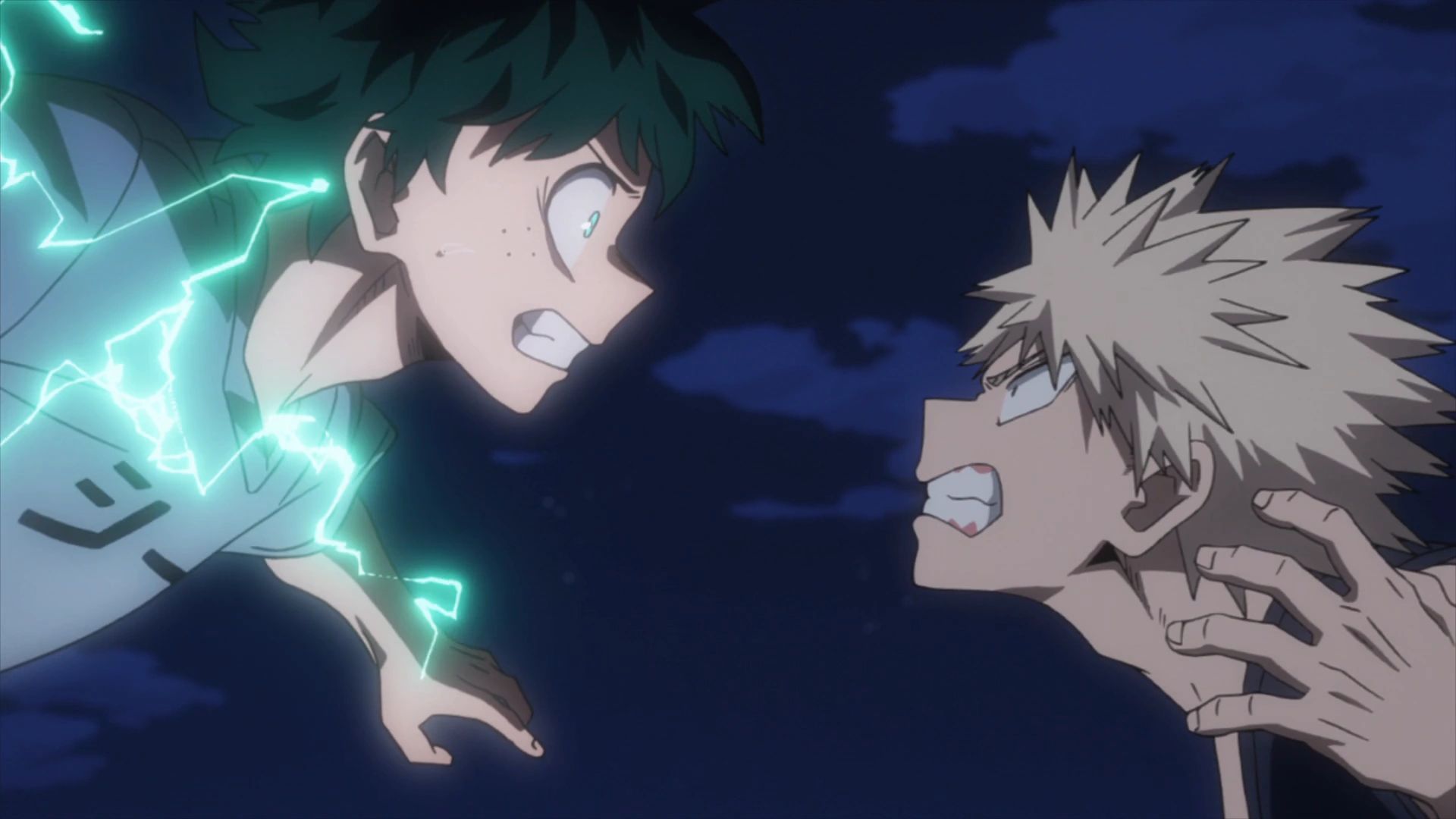 Bakugo and Deku fight in My Hero Academia.