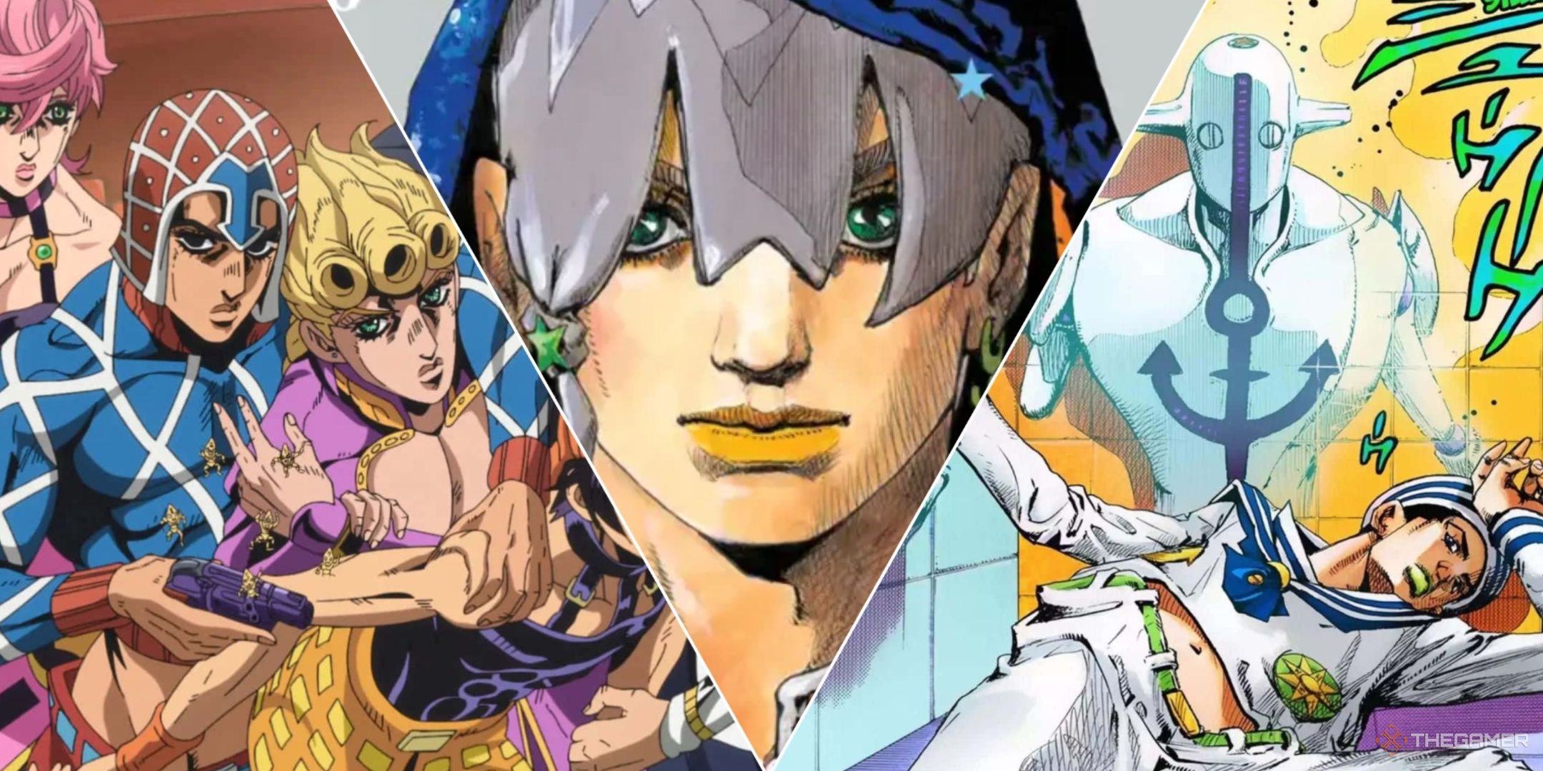 A collage of Jojos from Jojo's Bizarre Adventure including Giorno and Jodio.