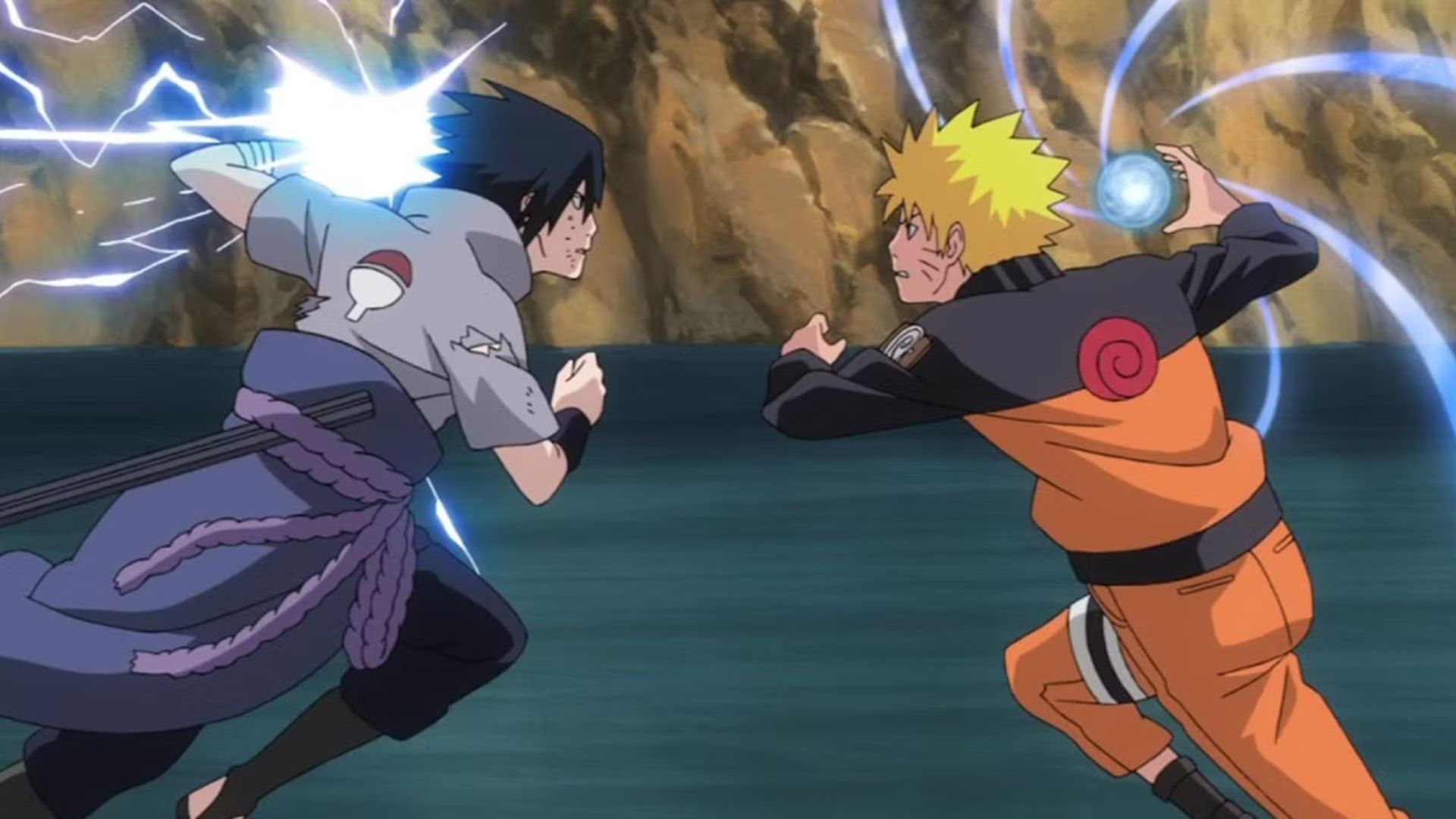 Naruto and Sasuke facing off in Naruto.