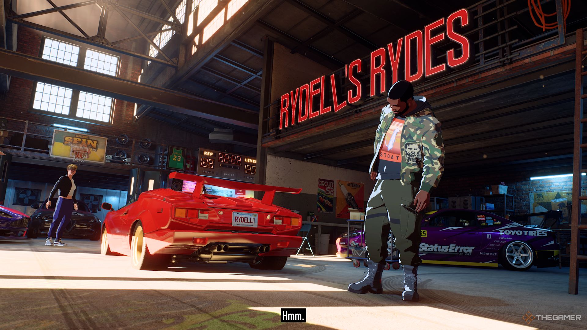 Need for Speed Unbound screenshot of Rydell looking at the back of a car.