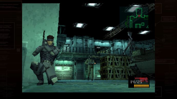 Metal Gear Solid PS1 screenshot showing Snake crouching with pistol behind a corner waiting for a guard