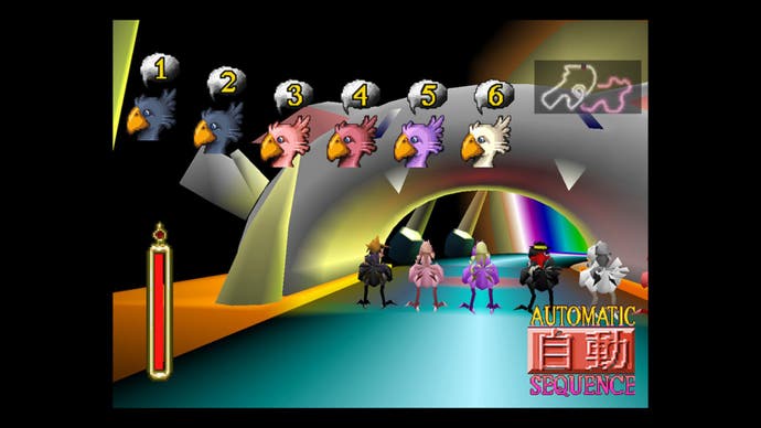 FF7 PS1 screenshot showing the party lining up for chocobo racing