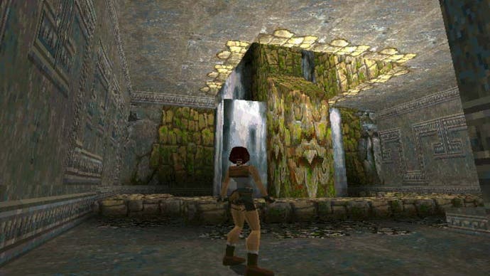 Tomb Raider PS1 screenshot showing Lara Croft inside a ruin looking up at a waterfall and ledge