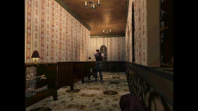 Resident Evil PS1 screenshot showing Chris Redfield making his way down a dated corridor