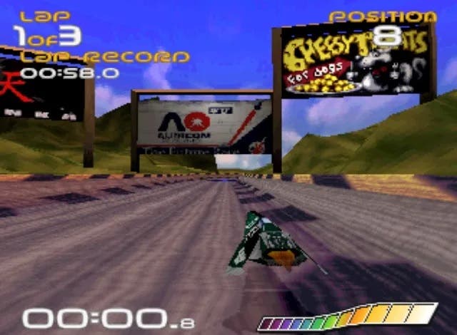 WipEout PS1 screenshot showingyour racer on a track surrounded by grassy hills