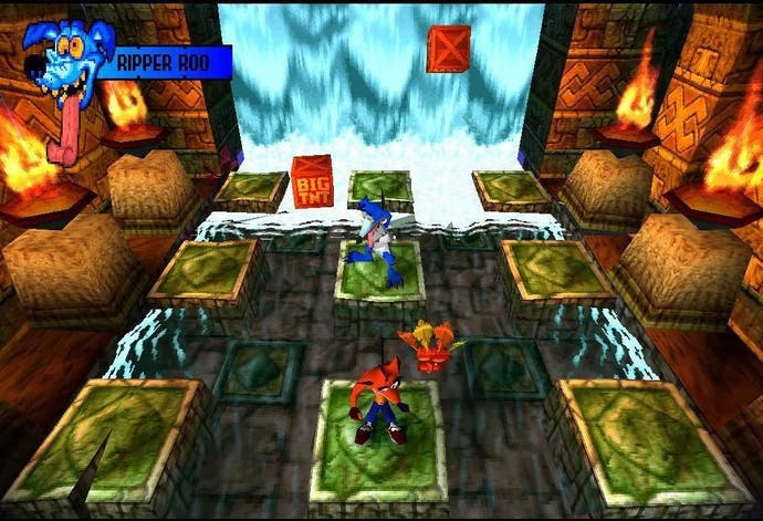 Crash Bandicoot PS1 screenshot showing Crash on one of nine platforms during a Ripper Roo boss fight.