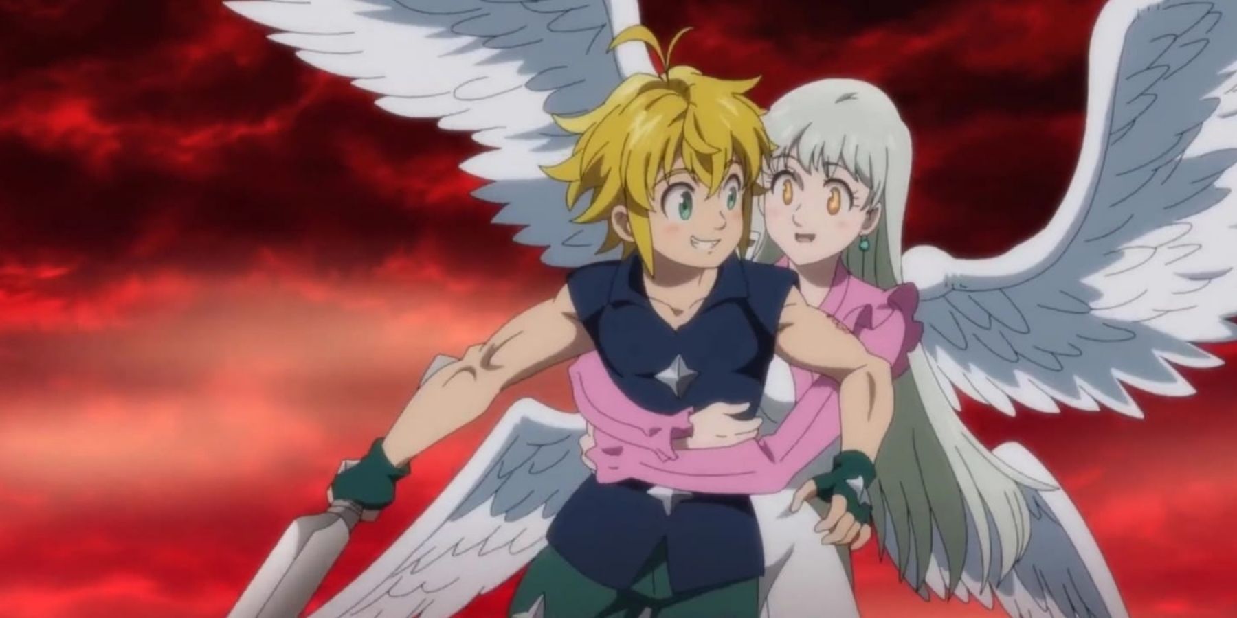 Elizabeth the Goddess embraces Meliodas in the air after fighting Estarosa in The Seven Deadly Sins.