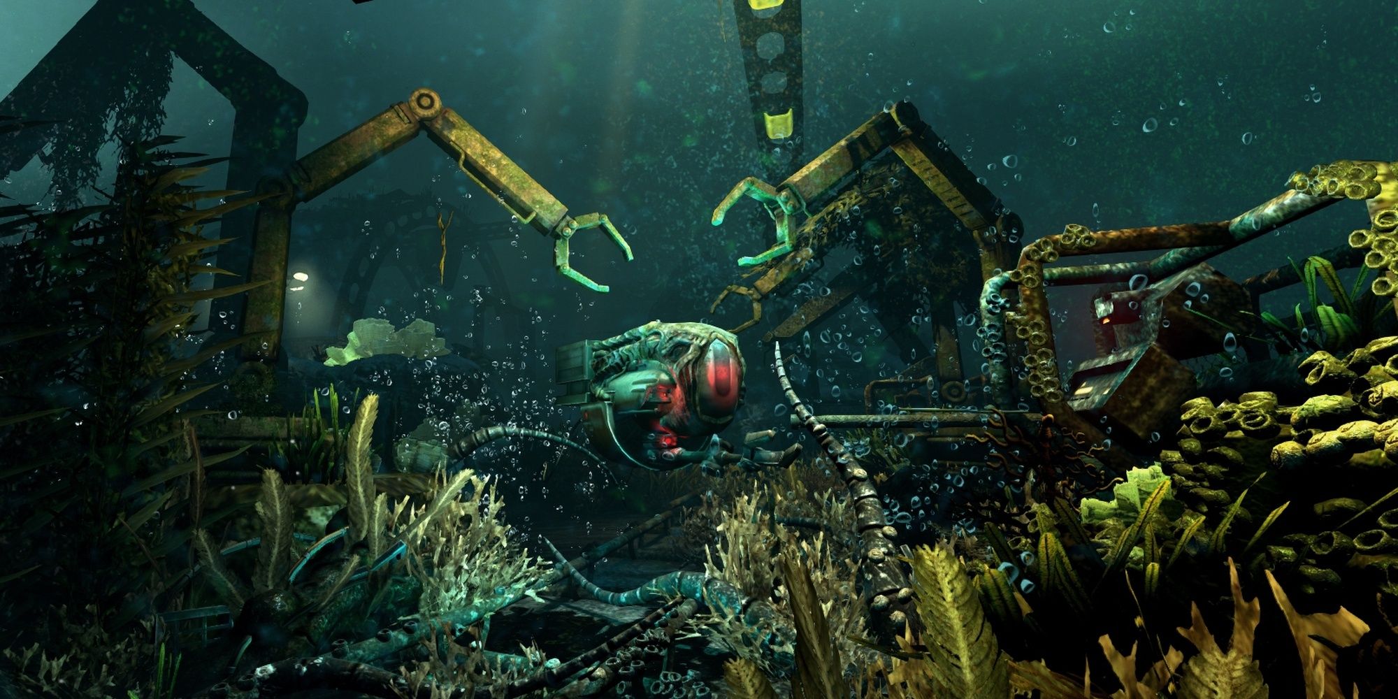 A submarine floats on the ocean floor in Soma.