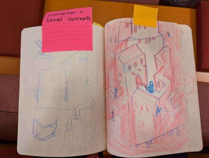 A sketch book showing pencil concept drawings from the Monument Valley game projects.