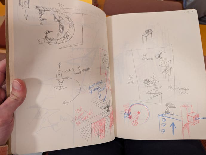 A sketch book showing pencil concept drawings from the Monument Valley game projects.