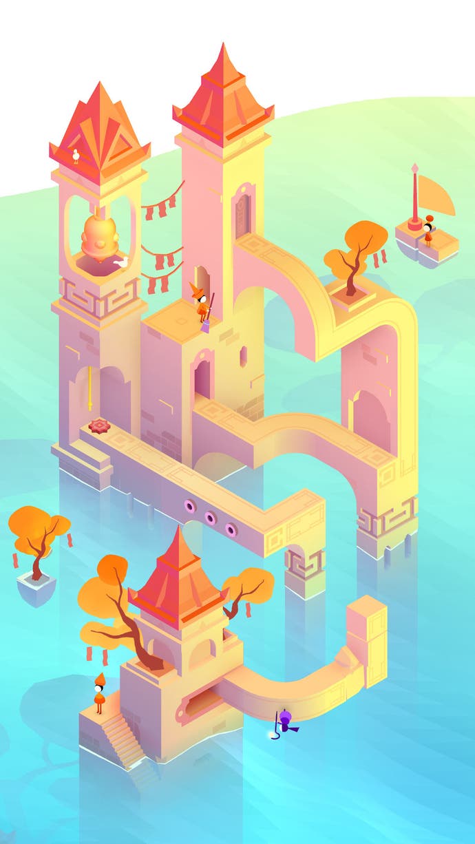 A screenshot from Monument Valley 3, the MC Escher inspired game of impossible architecture, where curved pathways don't quite align in the same perspective.