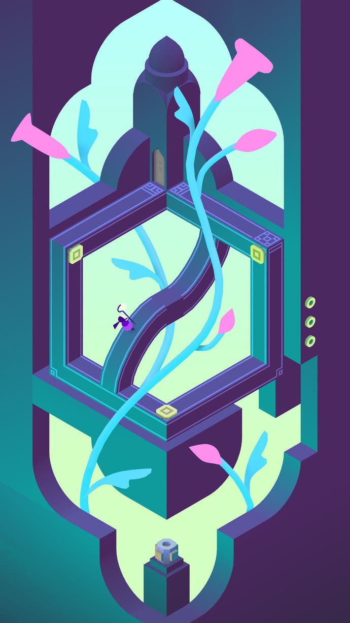 A screenshot from Monument Valley 3, the MC Escher inspired game of impossible architecture, where curved pathways don't quite align in the same perspective.