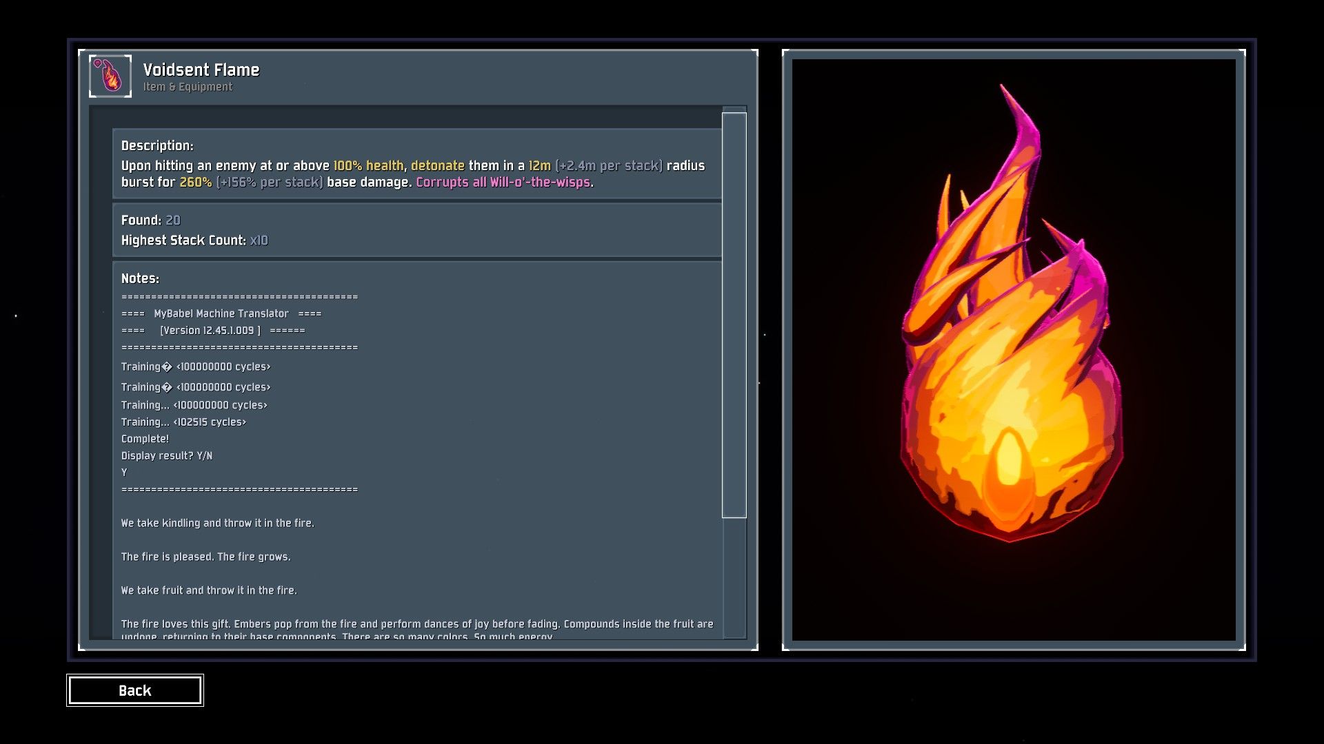 The Voidsent Flame item in Risk of Rain 2's logbook