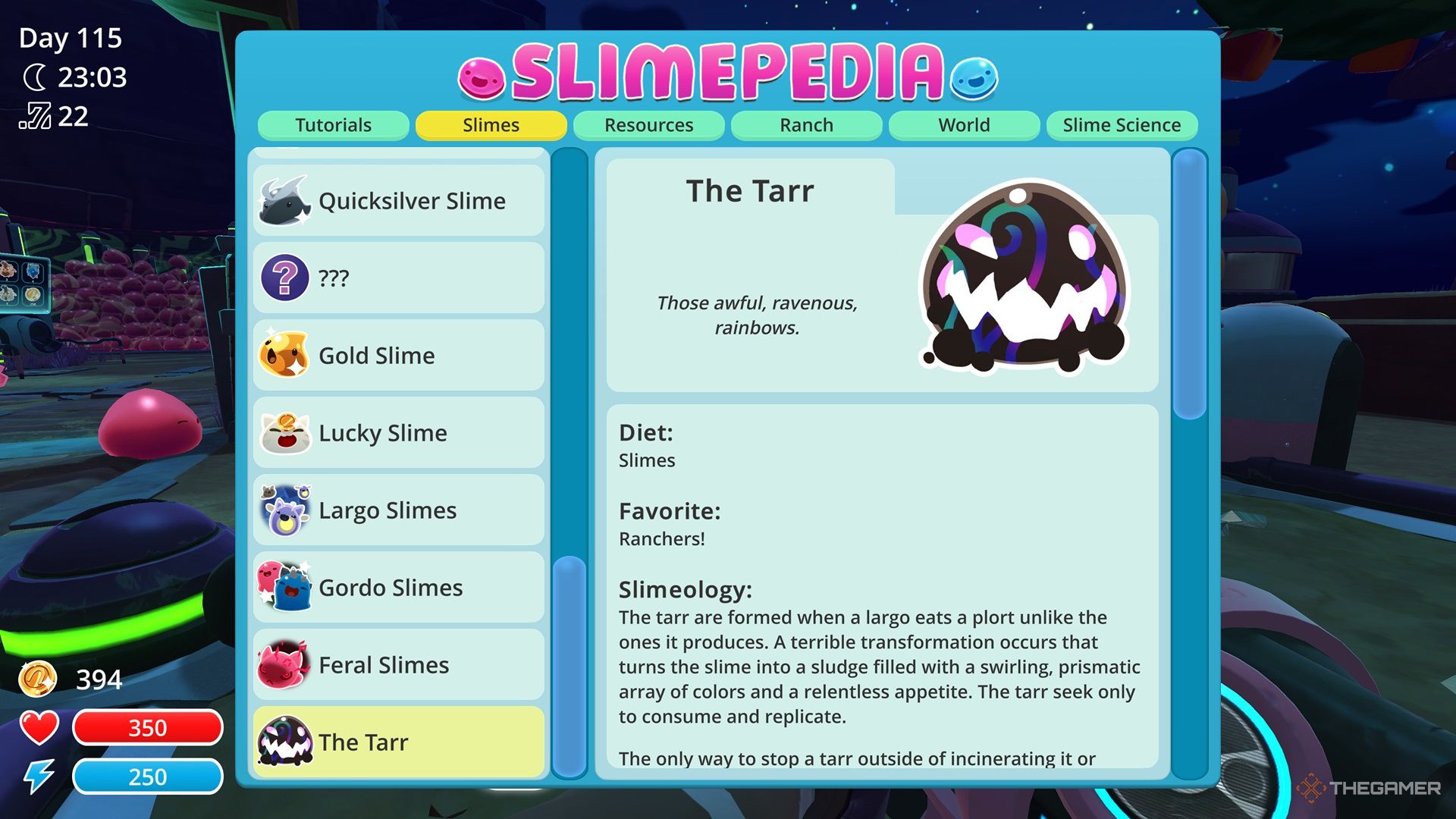 The tarr slimepedia entry in Slime Rancher.