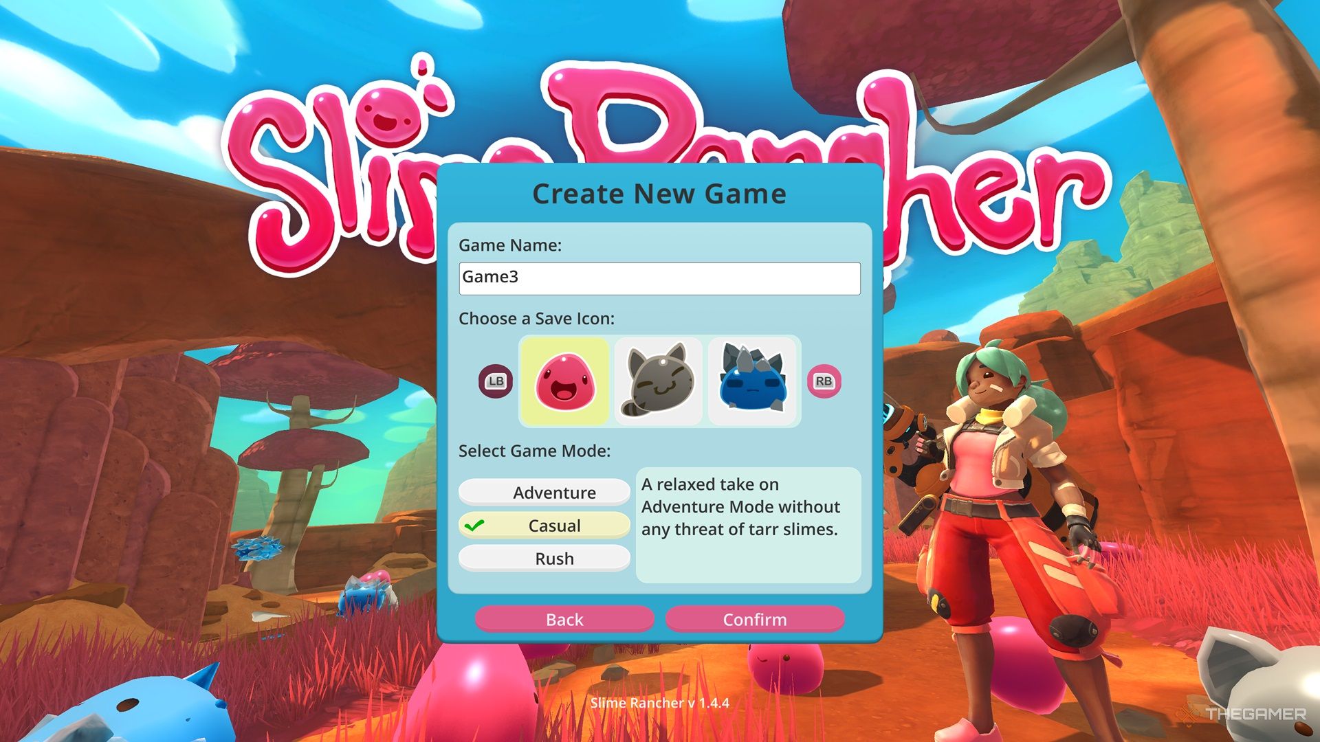 Choosing the game mode in Slime Rancher.