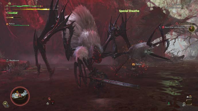 Hunters engage with a Lala Barina in a Monster Hunter Wilds fight, the spider-like beast is coated with white fur and eight menacing legs.