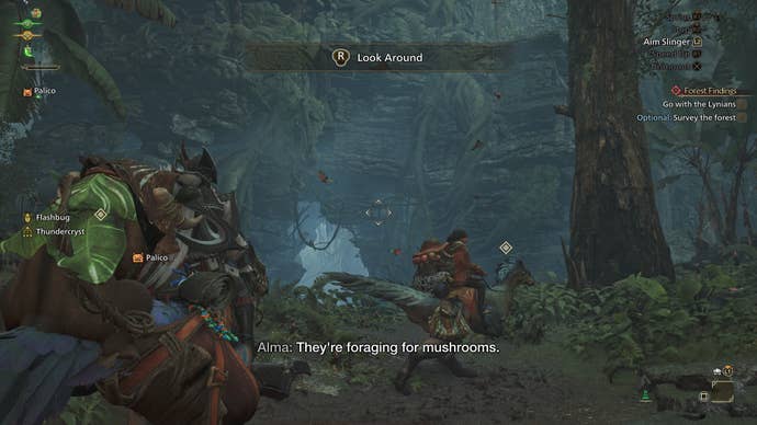 Two hunters ride their Seikrets through the dense undergrowth of The Forbidden Lands in Monster Hunter Wilds.