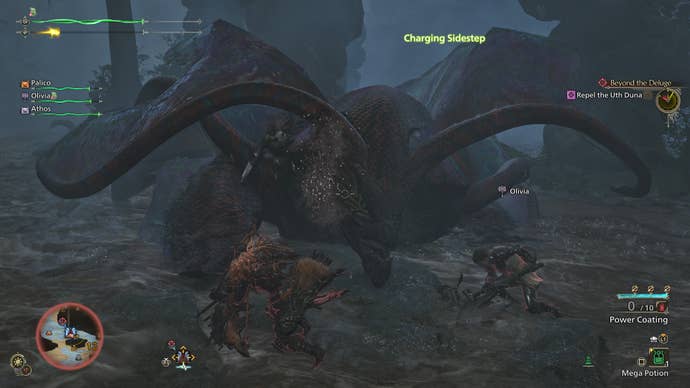 Hunters engage the Uth Duna in Monster Hunter Wilds - a massive almost demonic-looking beast with huge horns and a mean face. Semi-insectoid.