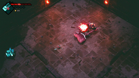 Mark of the Deep release date window: A screenshot of gameplay showing Marcus ready to attack a large furnace-like boss in a dungeon.