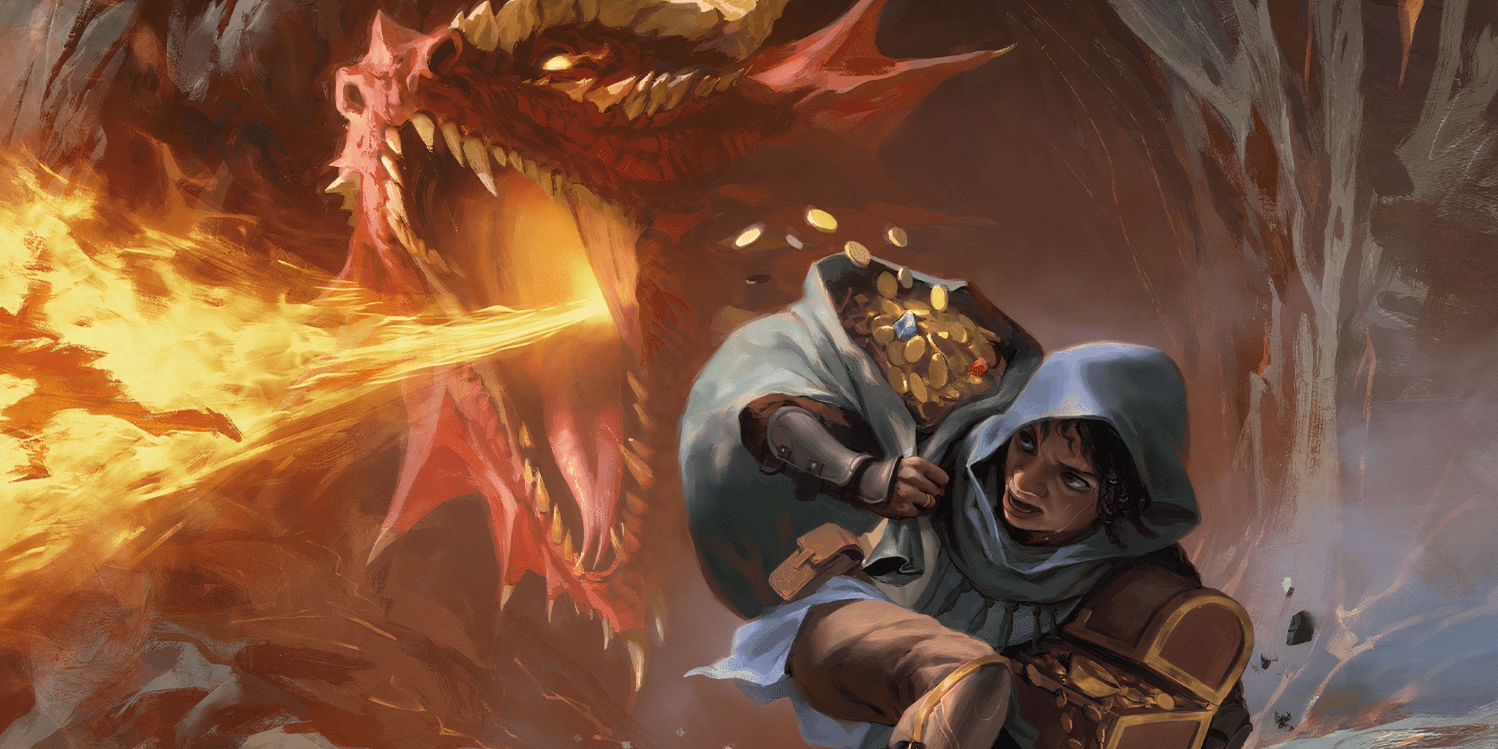 A thief holding a treasure chest and sack of gold runs from a red dragon in Dungeons & Dragons. 