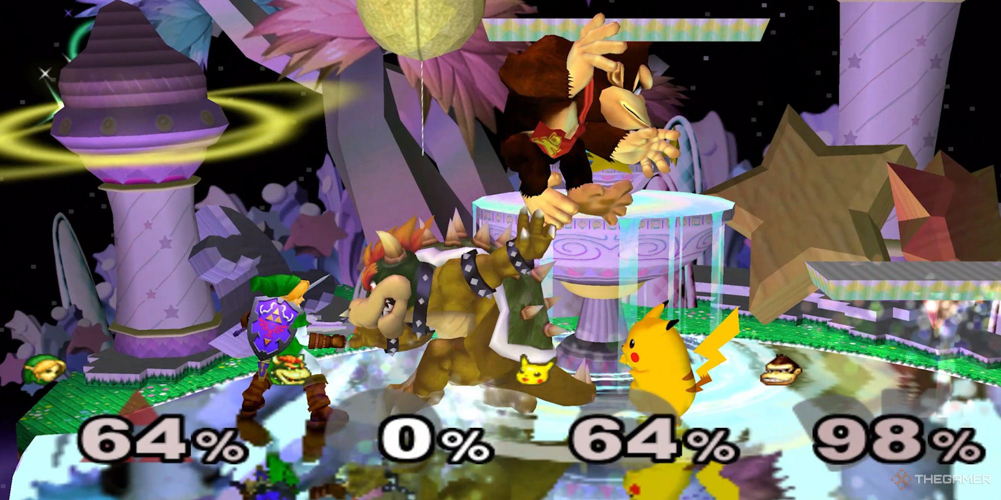 Link, Bowser, Donkey Kong, and Pikachu fighting in Super Smash Bros. Melee