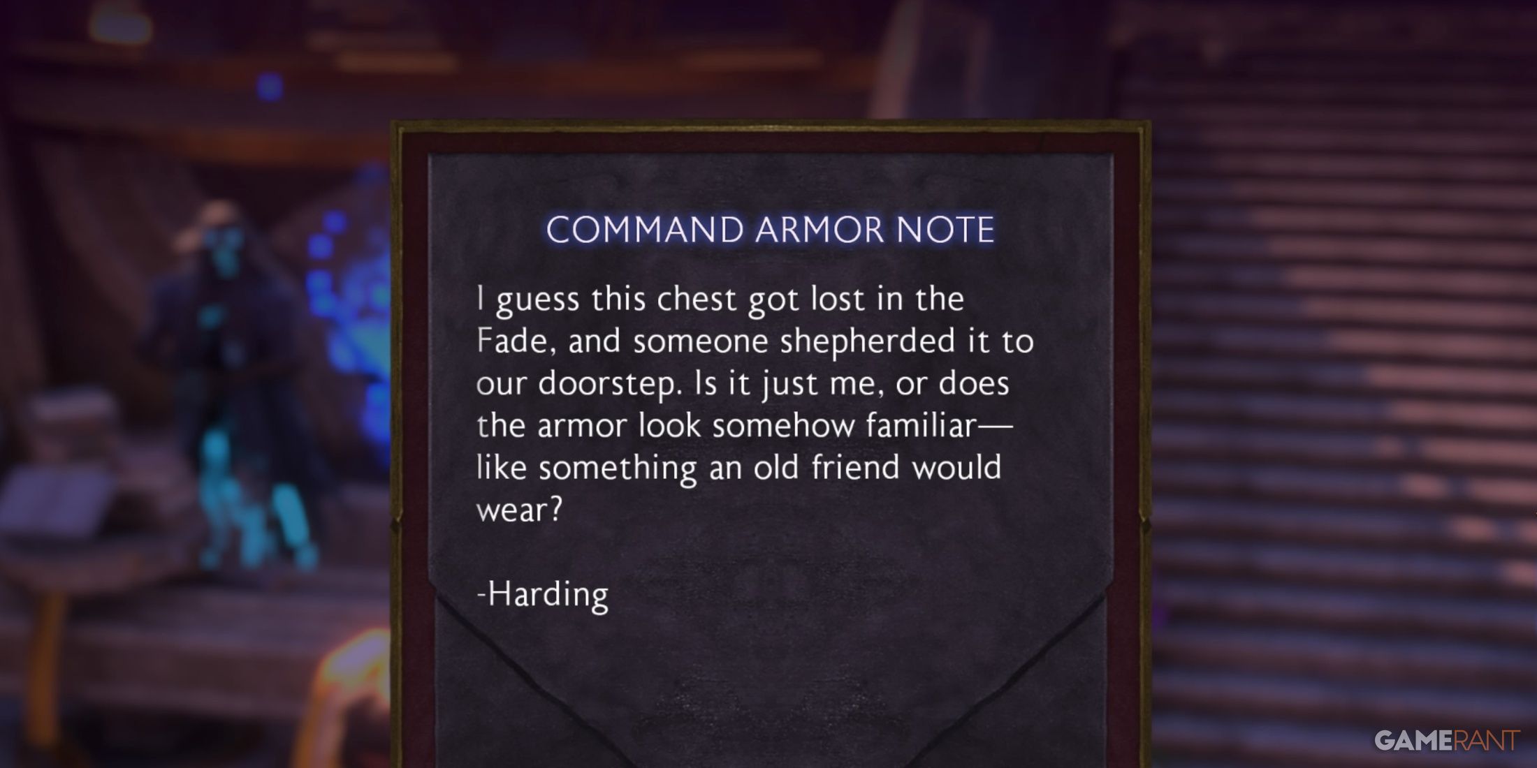 The note that comes with the Mass Effect armor in Dragon Age: The Veilguard