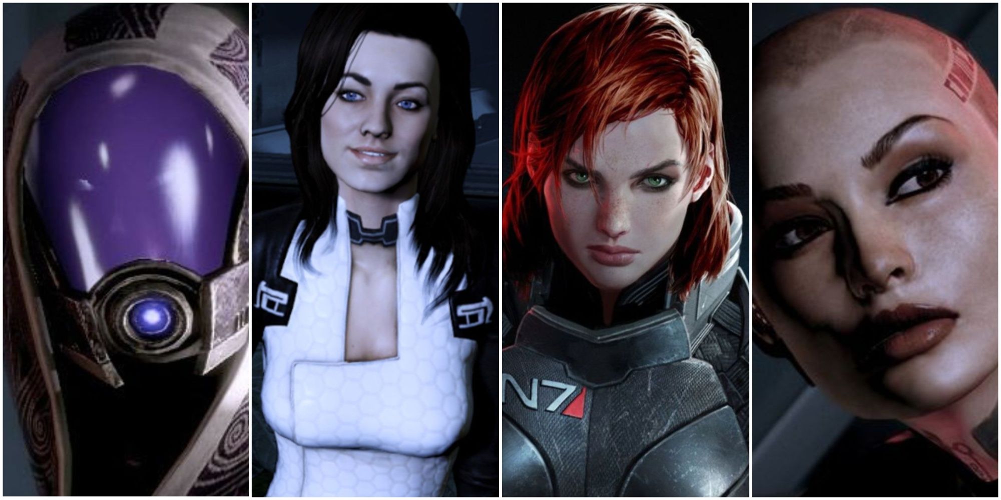 A collage of images of Tali, Miranda, FemShep and Jack from the Mass Effect series