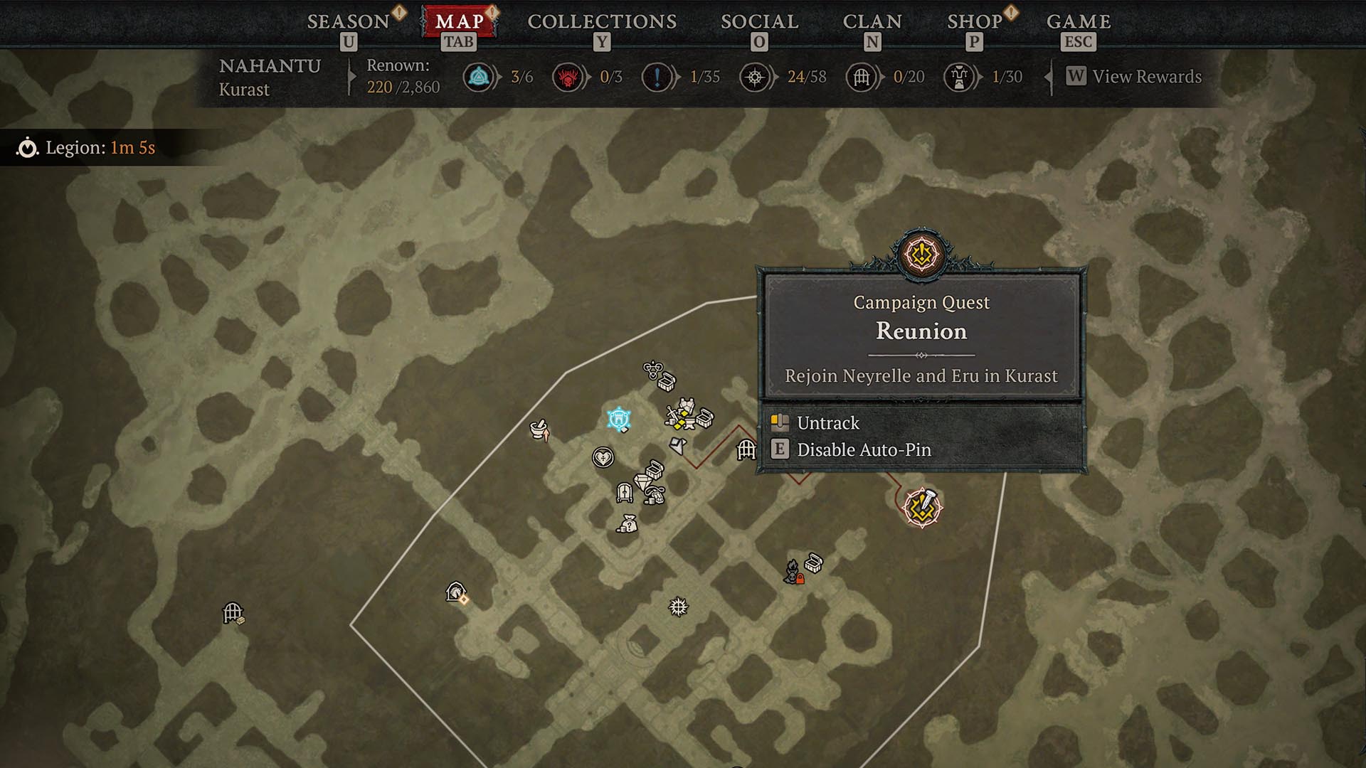 Screenshot of the navigational map in Diablo IV. There is a map pin on the Campaign Quest called "Reunion," with options to "untrack" and "disable auto pin" below the quest's map marker.